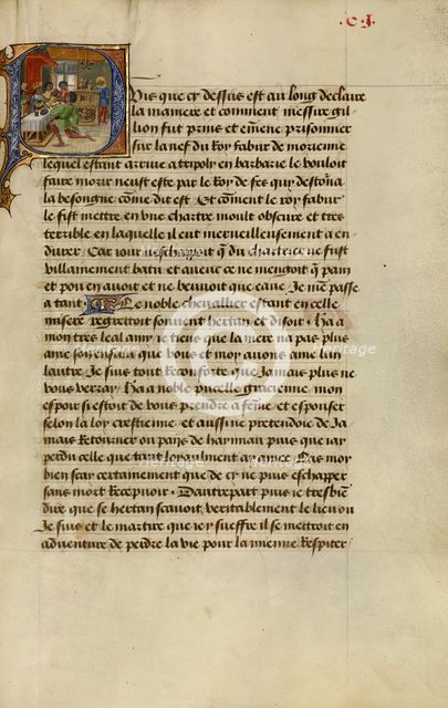 Initial P: Gillion's Companion Hertan in Disguise Kneeling Before King Fabur, 1464. Creators: Lieven van Lathem, David Aubert.