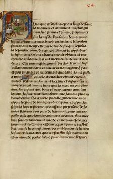 Initial P: Gillion's Companion Hertan in Disguise Kneeling Before King Fabur, 1464. Creators: Lieven van Lathem, David Aubert