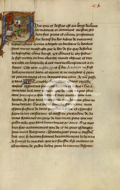 Initial P: Gillion's Companion Hertan in Disguise Kneeling Before King Fabur, 1464. Creators: Lieven van Lathem, David Aubert.