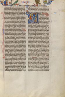 Initial P: Jeremiah Offering a Chalice to a Group of Followers; Abbey Bible, about 1250-1262. Creator: Unknown