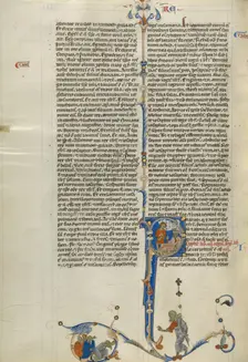Initial P: King Ahaziah Reclining on a Couch; Abbey Bible, about 1250-1262. Creator: Unknown