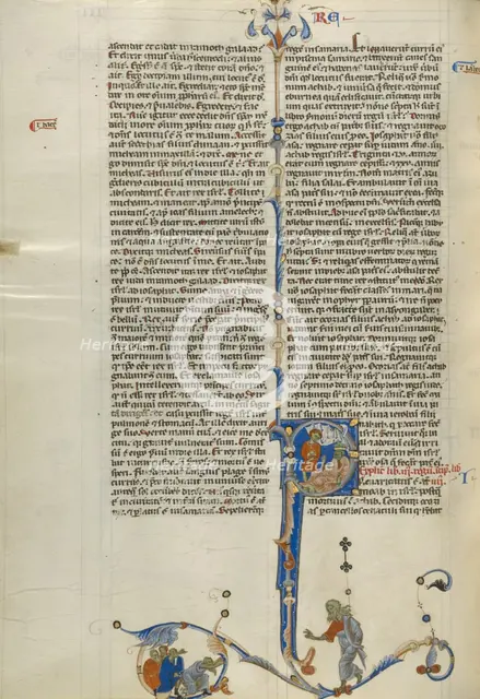 Initial P: King Ahaziah Reclining on a Couch; Abbey Bible, about 1250-1262. Creator: Unknown.