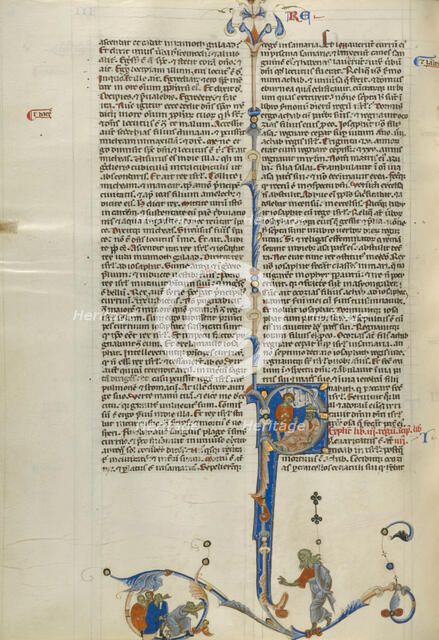 Initial P: King Ahaziah Reclining on a Couch; Abbey Bible, about 1250-1262. Creator: Unknown.