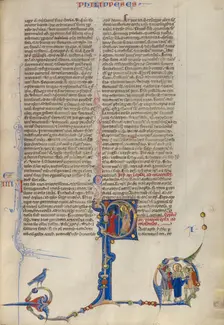 Initial P: Paul Exorcizing Demons From A Woman; Abbey Bible, about 1250-1262. Creator: Unknown