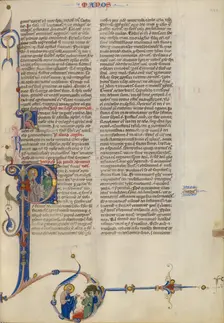 Initial P: Paul Handing a Scroll to a Man; Abbey Bible, about 1250-1262. Creator: Unknown