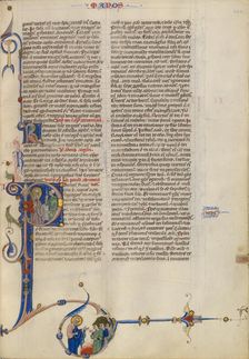 Initial P: Paul Handing a Scroll to a Man; Abbey Bible, about 1250-1262. Creator: Unknown