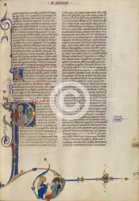 Initial P: Paul Handing a Scroll to a Man; Abbey Bible, about 1250-1262. Creator: Unknown.