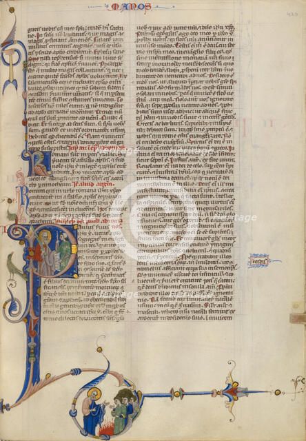 Initial P: Paul Handing a Scroll to a Man; Abbey Bible, about 1250-1262. Creator: Unknown.