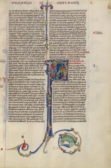 Initial P: Paul Preaching to a Seated Crowd; Abbey Bible, about 1250-1262. Creator: Unknown