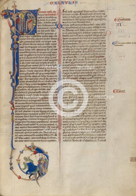 Initial P: Paul with Two Bishops; Abbey Bible, about 1250-1262. Creator: Unknown.