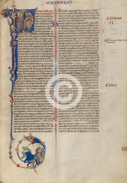 Initial P: Paul with Two Bishops; Abbey Bible, about 1250-1262. Creator: Unknown.