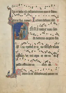 Initial P: Saint Bernard Displaying the Host to William of Aquitaine; Antiphonal, about 1260-1270. Creator: Unknown