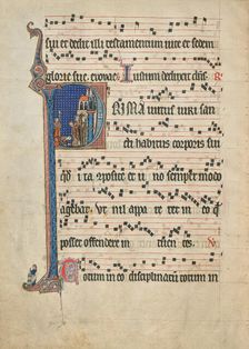 Initial P: Saint Bernard Displaying the Host to William of Aquitaine; Antiphonal, about 1260-1270. Creator: Unknown