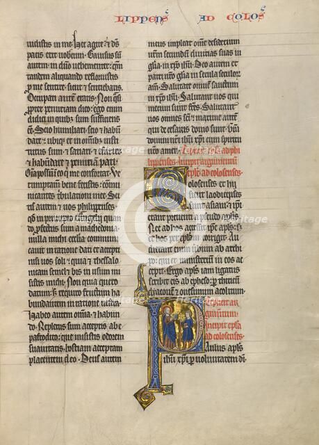 Initial P: Saint Paul and a Messenger with Books; Concluding Volume of a Bible, about 1260-1270. Creator: Unknown.