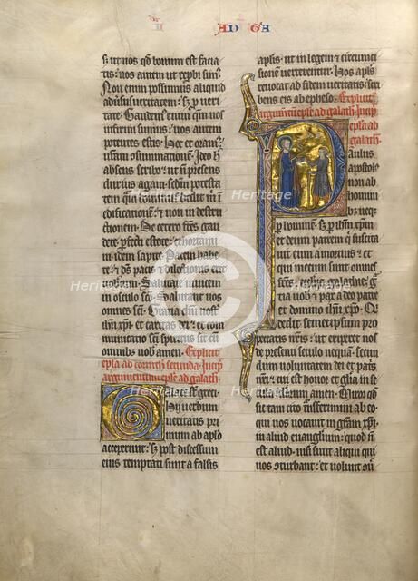 Initial P: Saint Paul Giving a Book to a Messenger; Concluding Volume of a Bible, about 1260-1270. Creator: Unknown.