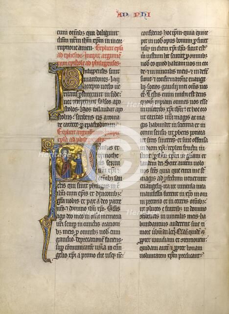 Initial P: Saint Paul Giving a Book to a Messenger; Concluding Volume of a Bible, about 1260-1270. Creator: Unknown.