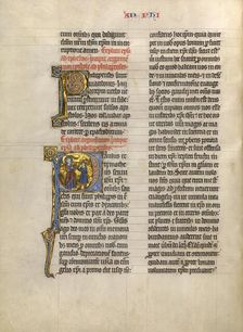 Initial P: Saint Paul Giving a Book to a Messenger; Concluding Volume of a Bible, about 1260-1270. Creator: Unknown