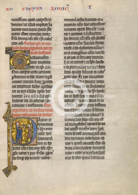 Initial P: Saint Paul Giving a Book to a Messenger; Concluding Volume of a Bible, about 1260-1270. Creator: Unknown.