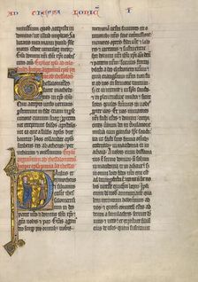 Initial P: Saint Paul Giving a Book to a Messenger; Concluding Volume of a Bible, about 1260-1270. Creator: Unknown