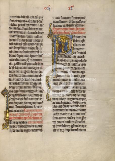 Initial P: Saint Paul Giving a Book to a Messenger; Concluding Volume of a Bible, about 1260-1270. Creator: Unknown.