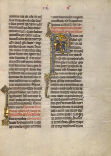 Initial P: Saint Paul Giving a Book to a Messenger; Concluding Volume of a Bible, about 1260-1270. Creator: Unknown