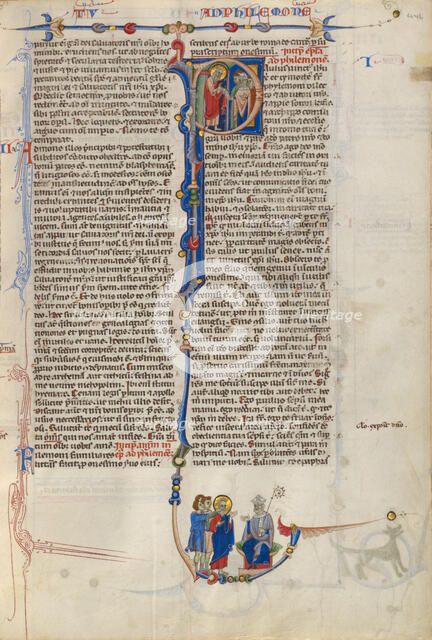 Initial P: Saint Paul Giving a Scroll to a Bishop; Abbey Bible about 1250-1262. Creator: Unknown.