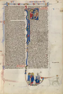 Initial P: Saint Paul Giving a Scroll to a Bishop; Abbey Bible about 1250-1262. Creator: Unknown