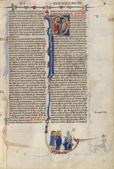 Initial P: Saint Paul Giving a Scroll to a Bishop; Abbey Bible about 1250-1262. Creator: Unknown