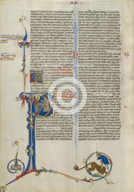 Initial P: Saint Paul Giving Two Men a Scroll; Abbey Bible, about 1250-1262. Creator: Unknown.
