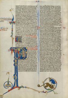 Initial P: Saint Paul Giving Two Men a Scroll; Abbey Bible, about 1250-1262. Creator: Unknown