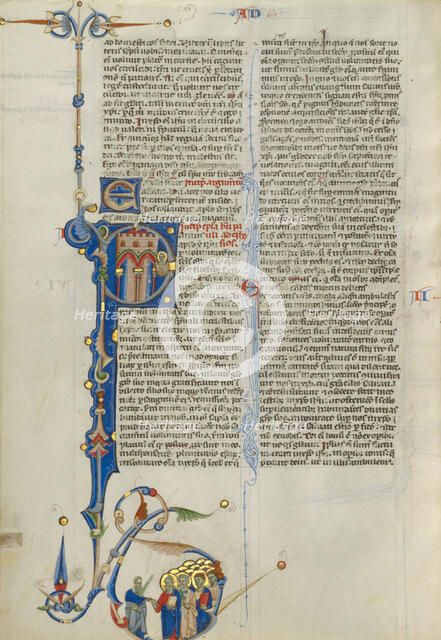 Initial P: Saint Paul Escaping Prison in a Basket; Abbey Bible, about 1250-1262. Creator: Unknown.