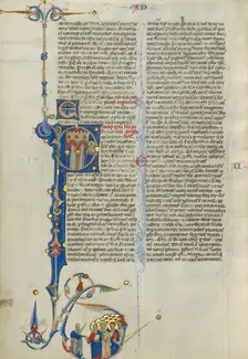 Initial P: Saint Paul Escaping Prison in a Basket; Abbey Bible, about 1250-1262. Creator: Unknown