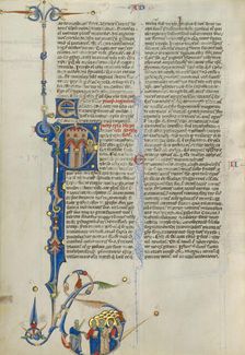 Initial P: Saint Paul Escaping Prison in a Basket; Abbey Bible, about 1250-1262. Creator: Unknown