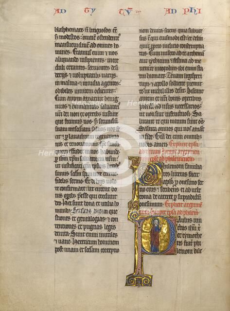 Initial P: Saint Paul with a Book; Concluding Volume of a Bible, about 1260-1270. Creator: Unknown.