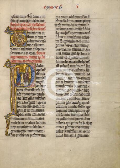 Initial P: Saint Paul with a Book and a Bishop; Concluding Volume of a Bible, about 1260-1270. Creator: Unknown.