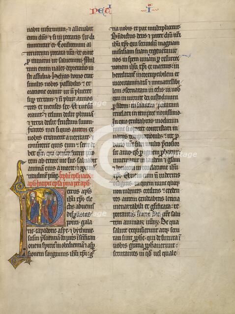 Initial P: Saint Peter Speaking to a Group from Judah; Concluding Volume of a Bible, about 1260-1270 Creator: Unknown.
