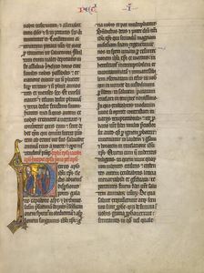 Initial P: Saint Peter Speaking to a Group from Judah; Concluding Volume of a Bible, about 1260-1270 Creator: Unknown