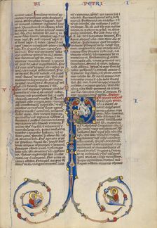 Initial P: Saint Peter's Vision of Clean and Unclean Beasts; Abbey Bible, about 1250-1262. Creator: Unknown