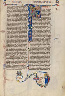 Initial P: Saints Paul and Barnabas with a disabled man at Lystra; Abbey Bible, about 1250-1262. Creator: Unknown