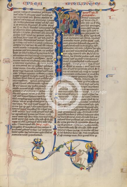 Initial P: Saints Paul and Barnabas with a disabled man at Lystra; Abbey Bible, about 1250-1262. Creator: Unknown.