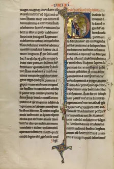 Initial P: Solomon Instructing a Pupil with a Rod; Marquette Bible, about 1270. Creator: Unknown