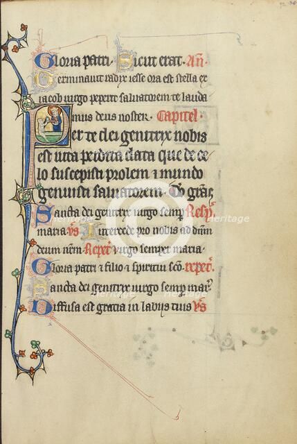 Initial P: The Virgin Mary Taking the Hand of a Person Raised from the Dead; Ruskin Hours,about 1300 Creator: Unknown.