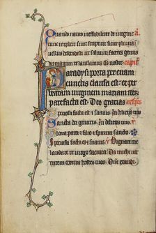 Initial P: The Virgin Mary Opening a Door to a Woman; Ruskin Hours, about 1300. Creator: Unknown