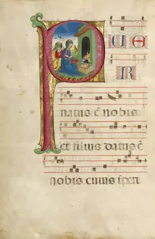 Initial P: The Adoration of the Christ Child and The Annunciation to the Shepherds, about 1460-1480. Creator: Unknown