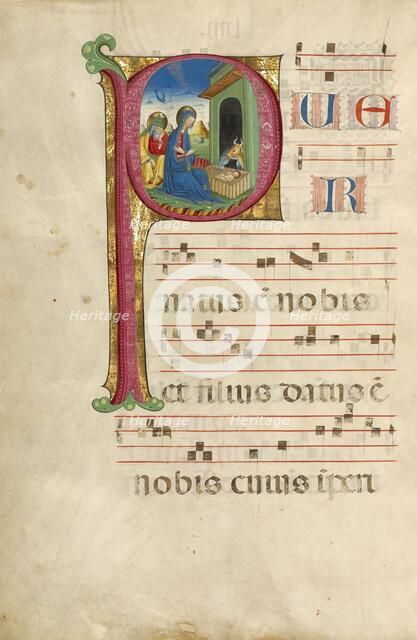 Initial P: The Adoration of the Christ Child and The Annunciation to the Shepherds, about 1460-1480. Creator: Unknown.