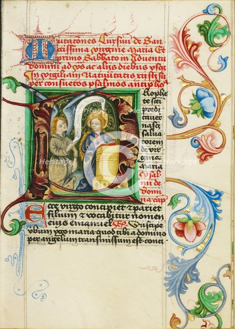 Initial P: The Annunciation; Prayer Book, about 1470-1480. Creator: Workshop of Valentine Noh.