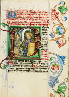 Initial P: The Annunciation; Prayer Book, about 1470-1480. Creator: Workshop of Valentine Noh