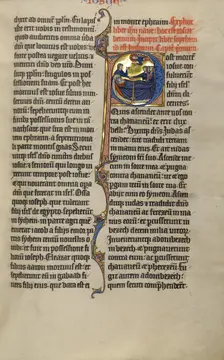 Initial P: The Death of Joshua and the Calling of the Tribe of Judah; Marquette Bible, about 1270. Creator: Unknown