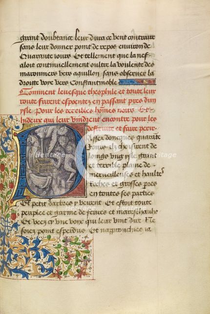 Initial P: The Ship of Bishop Theophilus Sailing Near an Island Inhabited by Wild..., about 1465-70. Creators: Master of the Brussels Romuléon, Workshop of the Master of the Brussels Romuléon.