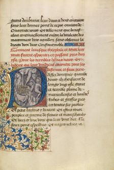 Initial P: The Ship of Bishop Theophilus Sailing Near an Island Inhabited by Wild..., about 1465-70. Creators: Master of the Brussels Romuléon, Workshop of the Master of the Brussels Romuléon